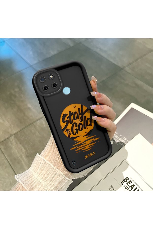 Realme C21Y/C25Y Compatible Black Silicone Case Sunset Beach Pattern Camera Protected Shock Absorbing