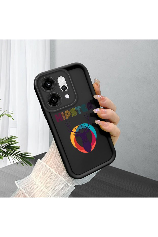 Oppo Reno14 Pro Compatible Black Silicone Case Hipster Colorful Deer Pattern Camera Protected Shock Absorbing