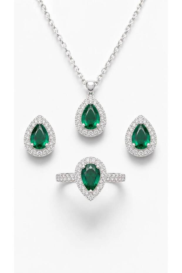 Emerald Green Crystal Stone Drop Necklace Earrings and Adjustable Ring 3-Piece Jewelry Set Silver Color