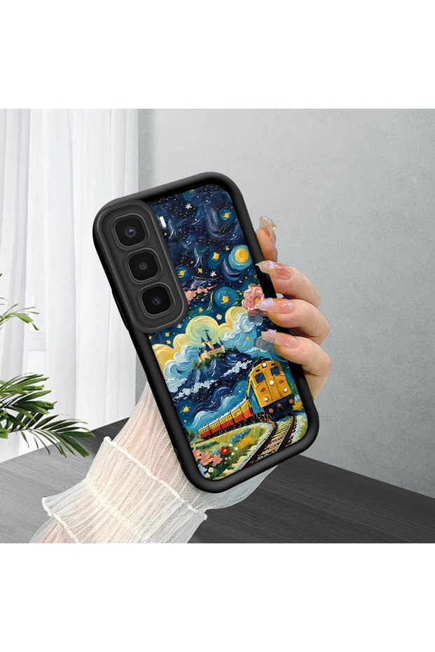 Infinix Hot 60 Pro Plus Compatible Black Silicone Case Starry Night Train and Castle Pattern Camera Protected Shock Absorbing