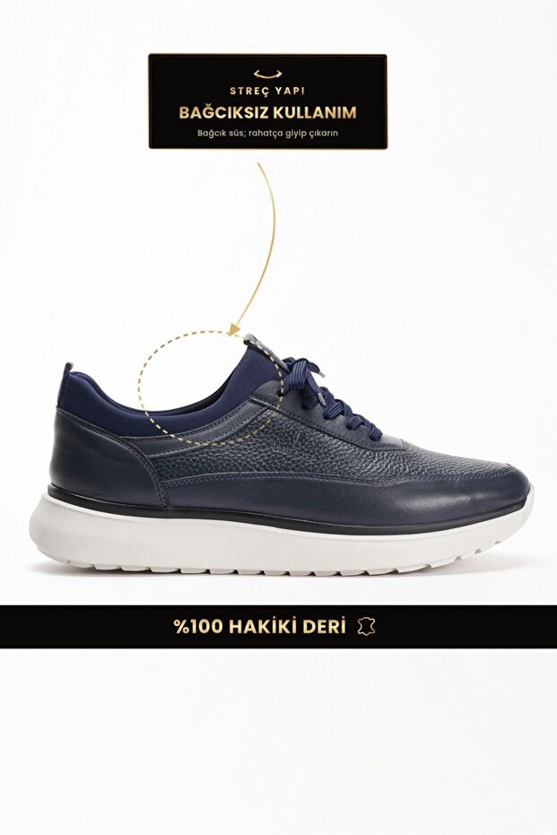Genuine Leather Men's Walking Shoes Casual Comfort Stretch Structure Laceless Use Orthopedic Daily Comfortable Sole Navy Blue Sneaker