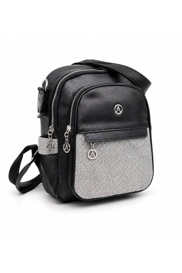 Black Patterned Women's Medium Size Faux Leather Cross Shoulder Bag Asl756