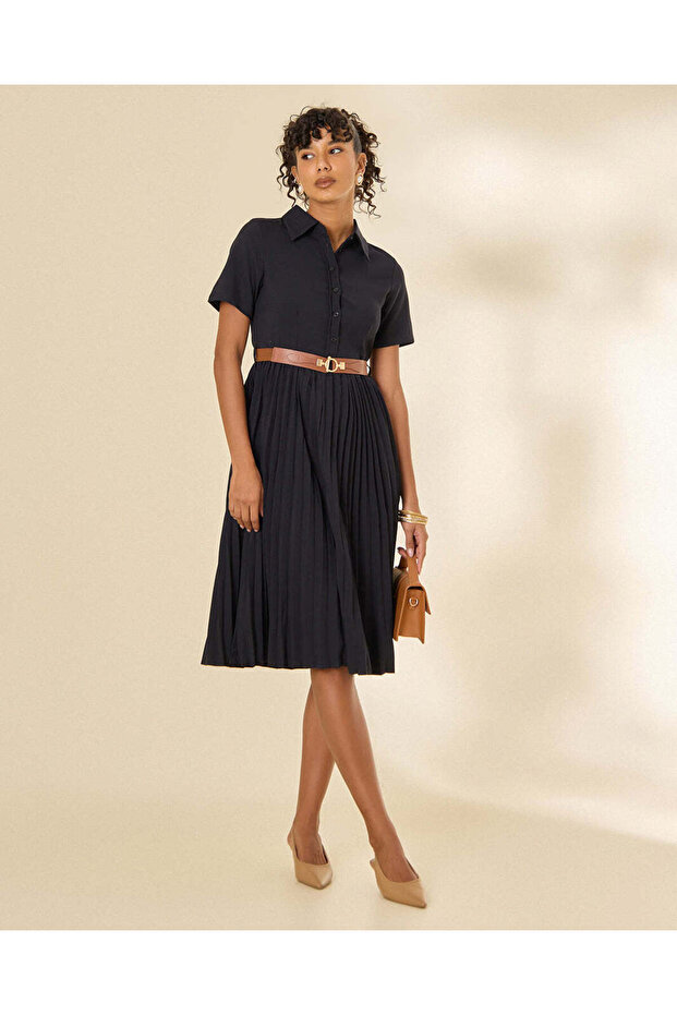 Women Navy Pleated Belted Dress