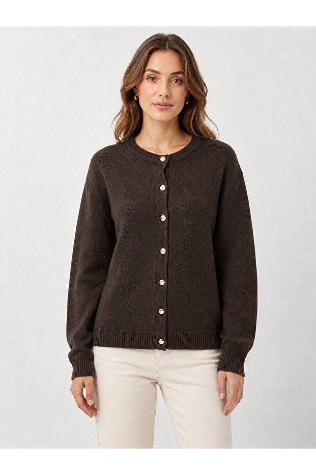 Women's Gold Buttoned Crew Neck Ribbed Knit Cardigan