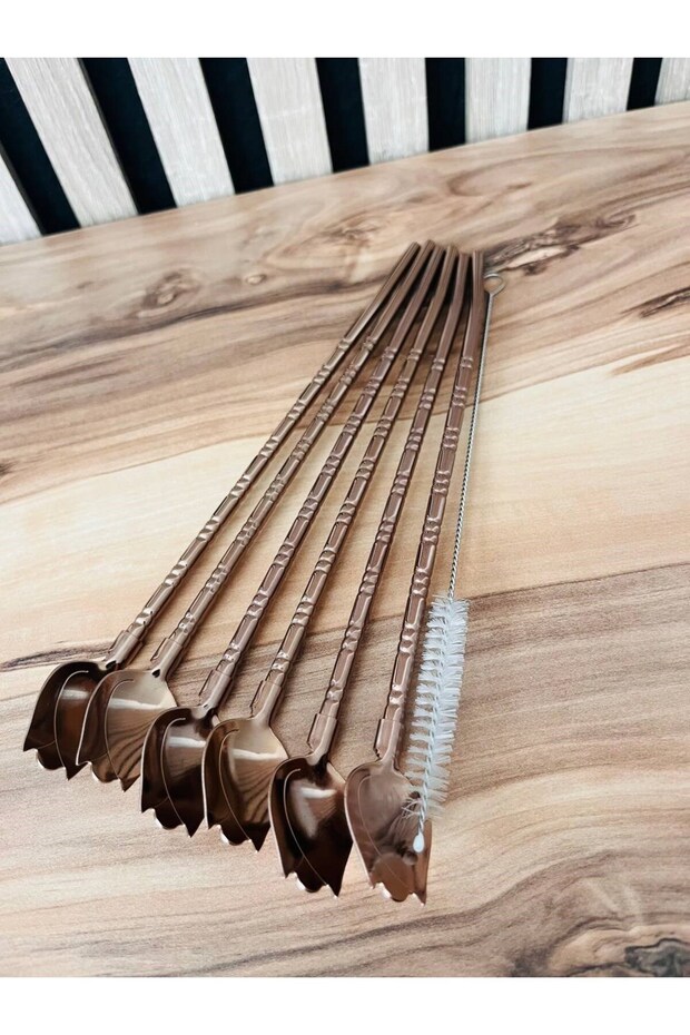 6-Piece Stainless Steel Spoon Set with Straws + Cleaning Brush (Total 7 Pieces)
