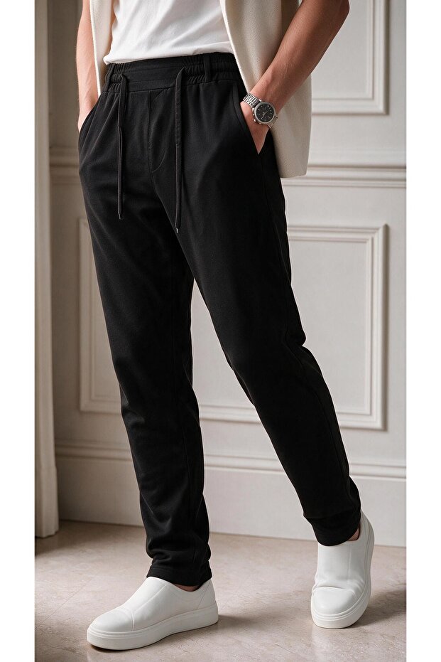 Men's Black Elastic Waist Lace-Up Straight-Leg Jogger Relaxed Fit Pants