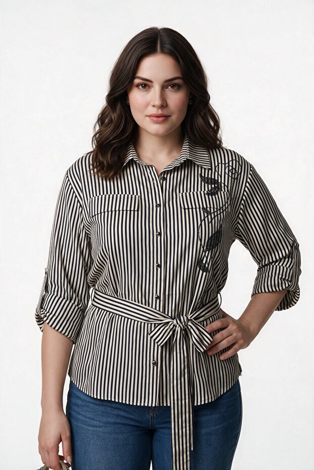 Bb Women's Striped Belted Pocketed Long Sleeve Shirt