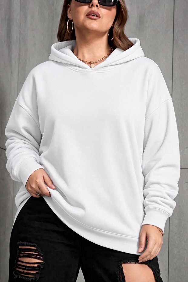 Bery Women's Large Size Oversized Basic Hooded Two-Thread Cotton Sweatshirt Relaxed Fit Unisex Sevgil