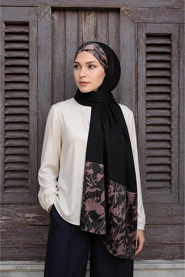 Twill Rose Scarf Combed Cotton Shawl - Black