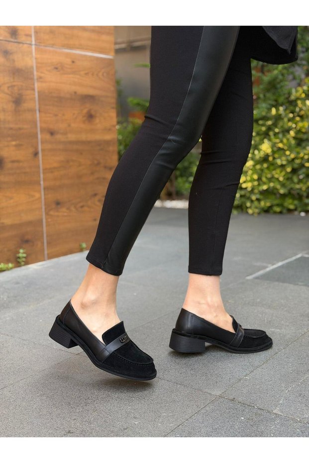 Black Leather Buckle Women's Casual Shoes