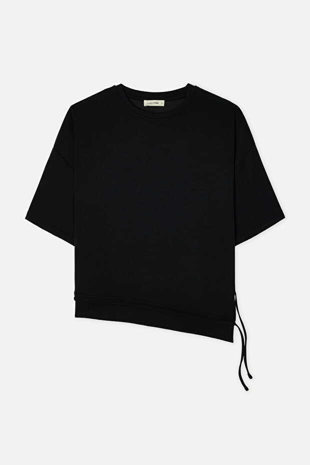 Women's Black Loose Fit 3/4 Sleeve Crew Neck Sweatshirt