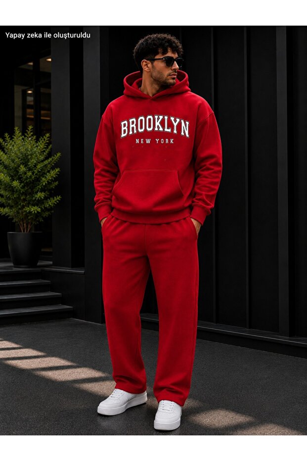 Men's Brooklyn New York Printed Black Oversize Hooded Tracksuit Set