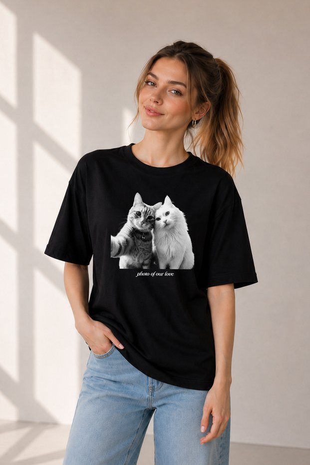 Women's Cat Printed Cotton T-Shirt Oversize Y2K Vintage Graphic Crew Neck