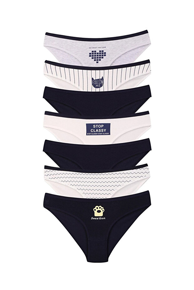 Women's Navy Blue White Cotton Elastane Panties 7-Pack