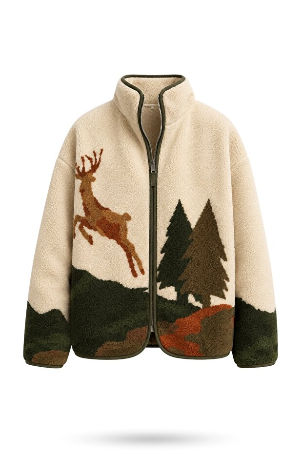 Khaki Deer Patterned Fleece Jacket 22869
