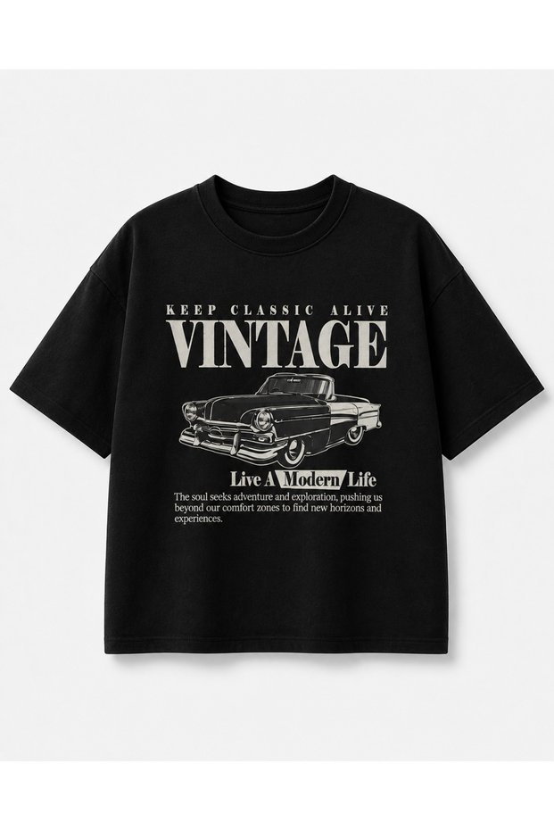 Vintage Car Printed Oversize T-Shirt Unisex 80% Cotton Boxy Fit Streetwear T-Shirt Thick Textured