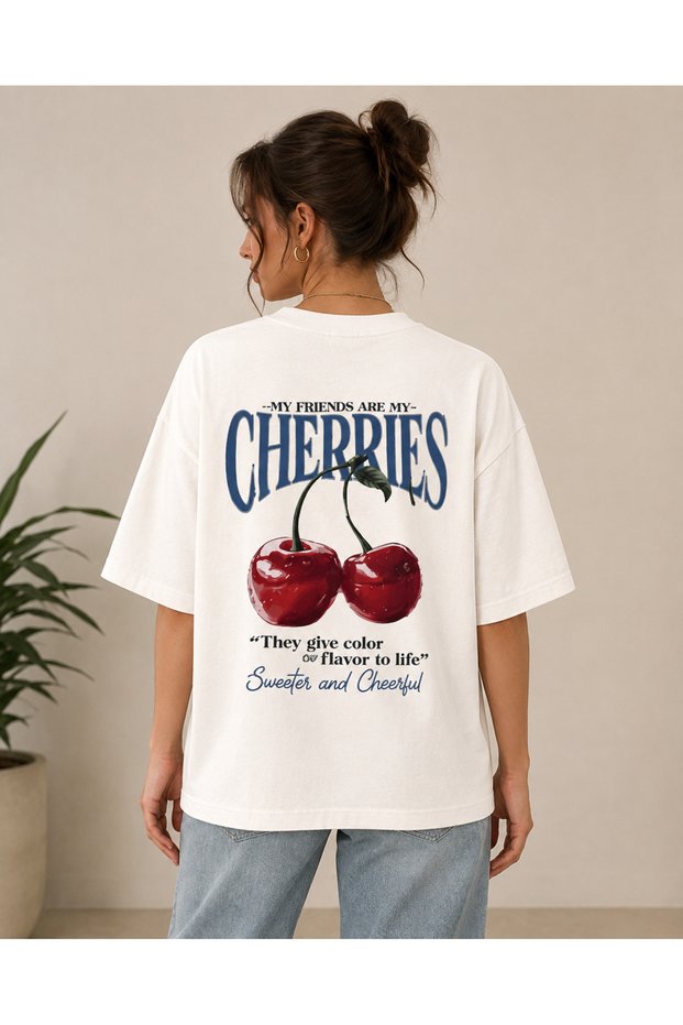 Cherries Cherry Double-Sided Printed Oversize T-Shirt Unisex 80% Cotton Boxy Fit Streetwear T-Shirt Thick Textured