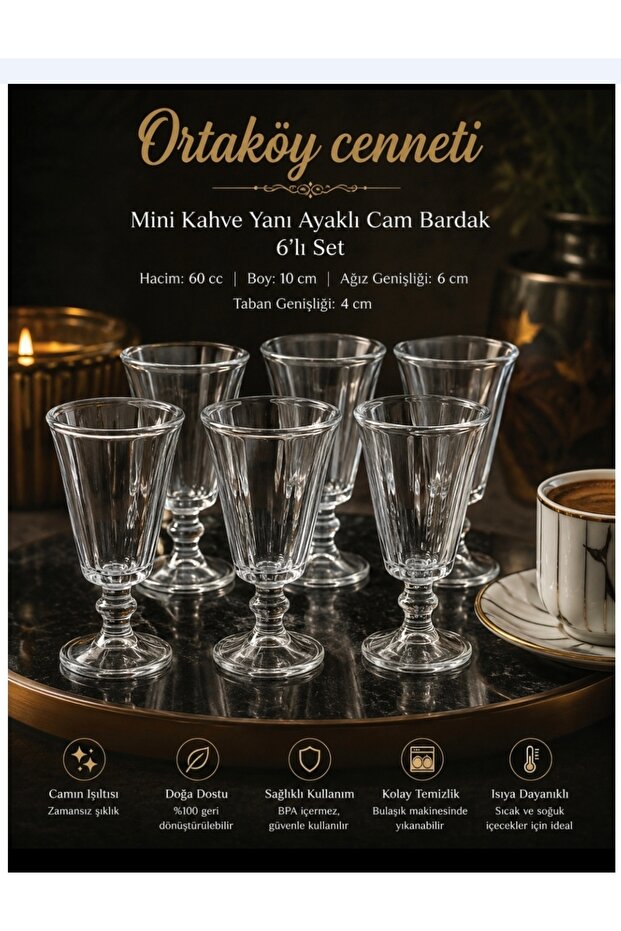 Mini Footed Glass Coffee-Water Cup 60 Cc Volume 10 cm Height 6 cm Mouth 4 cm Base Clean Product