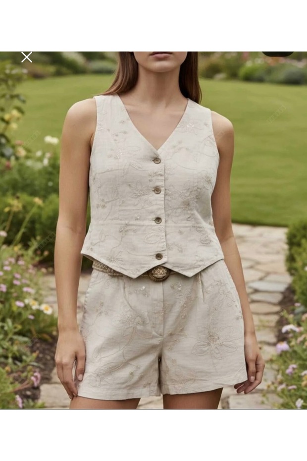 Cotton Sequin Detailed Beige Suit