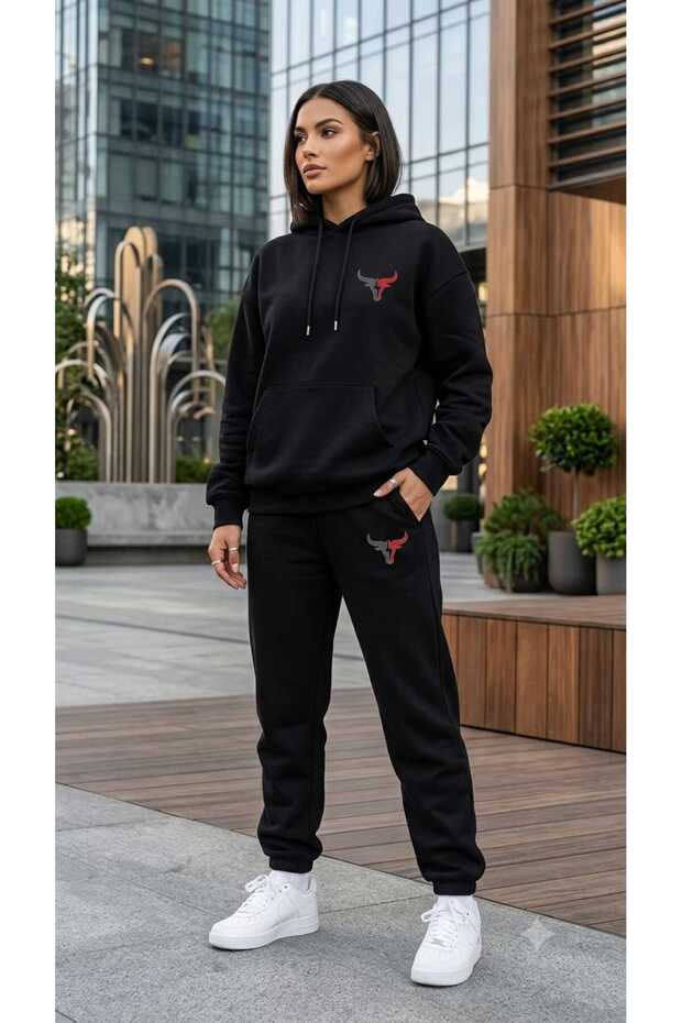 Hooded Tracksuit 2-Piece Combination Winter Colorful Bull Printed Women's / Men's Unisex Model