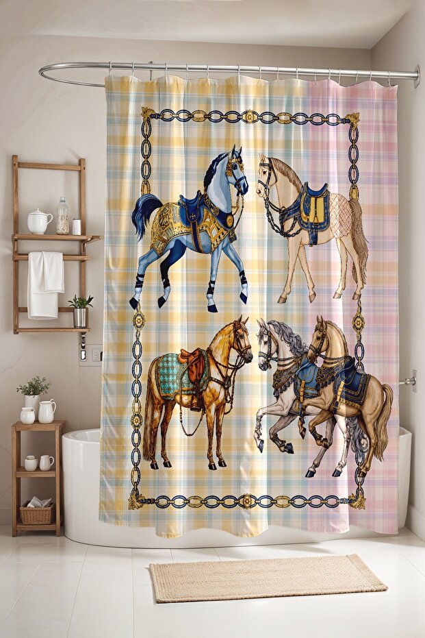 Eferli Noble Horses Patterned Shower Curtain, Bathtub Curtain 175X200Cm