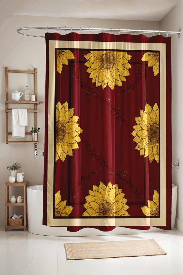 Red Shower Curtain with Flower Pattern, Bathtub Curtain 175X200Cm