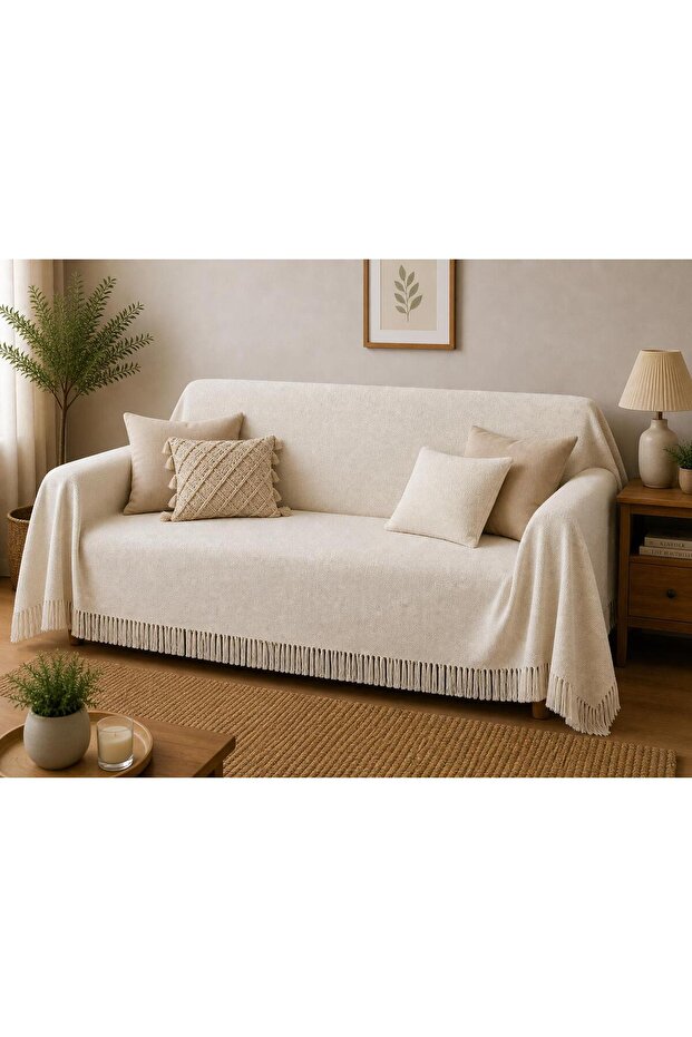 Sofa Cover / Bedspread Cream Plaid 100% Cotton 170X200 cm
