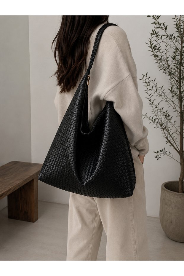 Women's Large Size Woven Patterned Hobo Shoulder Bag Daily Use Stylish Bag
