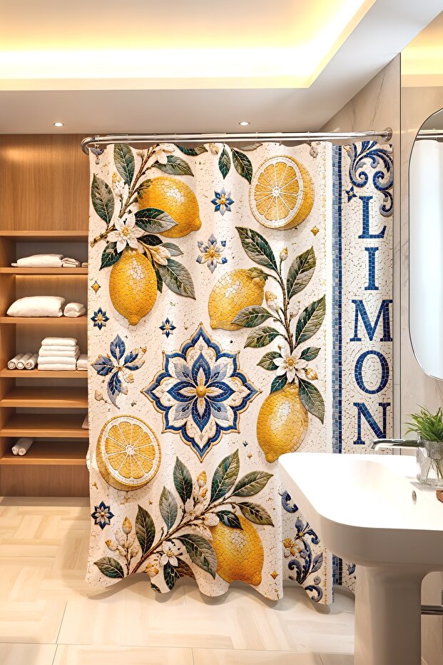 Lemon Tile Processing Patterned Shower Curtain, Bathtub Curtain 175X200Cm