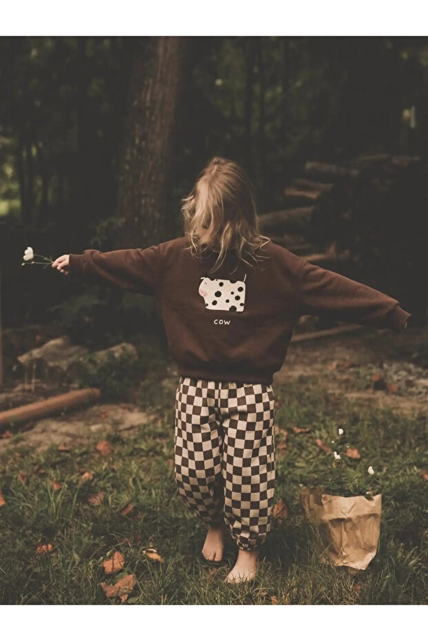 Unisex Brown Sweatshirt with Cow Figure and "Cow" Detail & Checkered Pants Set