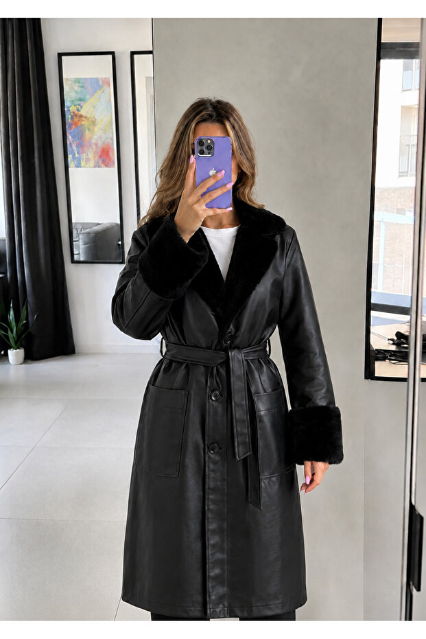 Black Mady Collar Fur Long Leather Trench Coat