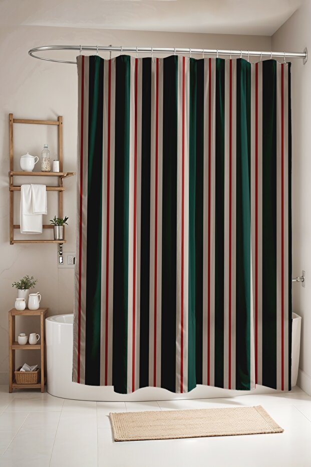 Green Red Stripes Patterned Shower Curtain, Bathtub Curtain 175X200Cm