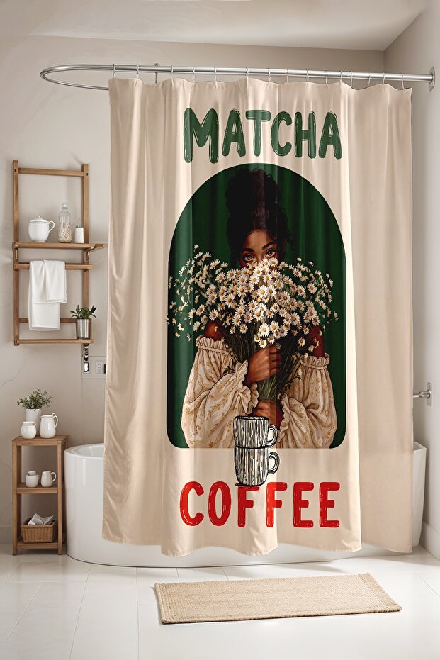 Matcha Daisy Girl Patterned Shower Curtain, Bathtub Curtain 175X200Cm