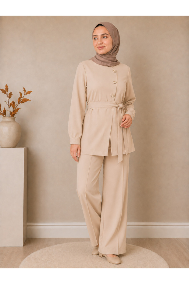Cotton Buttoned Double Suit with Mobile Belt Beige