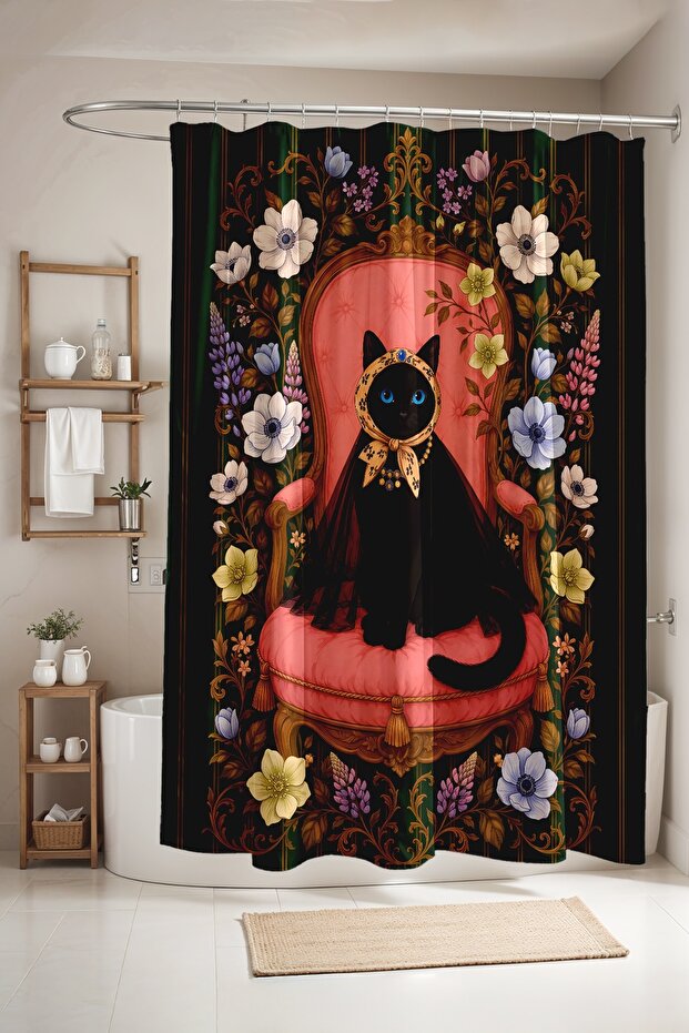 Black Scarf Cat and Flowers Patterned Shower Curtain, Bathtub Curtain 175X200Cm