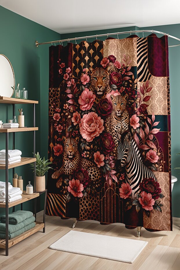 Floral Zebra and Leopard Patterned Shower Curtain, Bathtub Curtain 175X200Cm