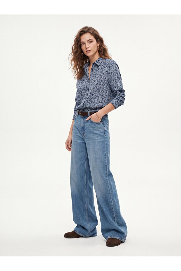 Regular Fit Floral Patterned Long Sleeve Navy Blue Shirt