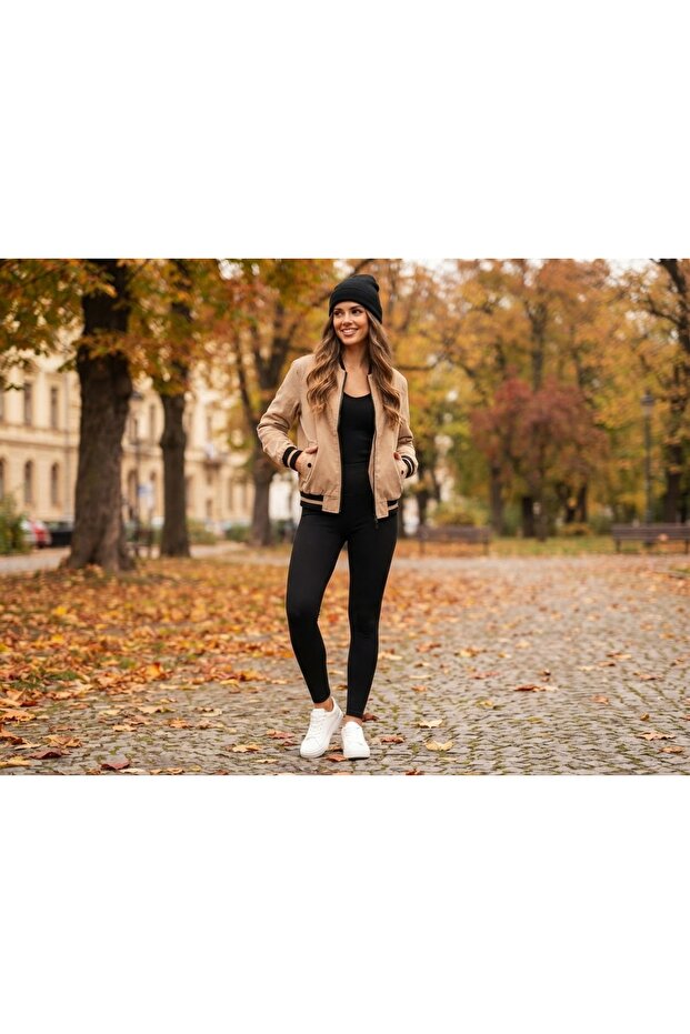 Striped Ribbed Velvet Bomber Jacket (Beige)