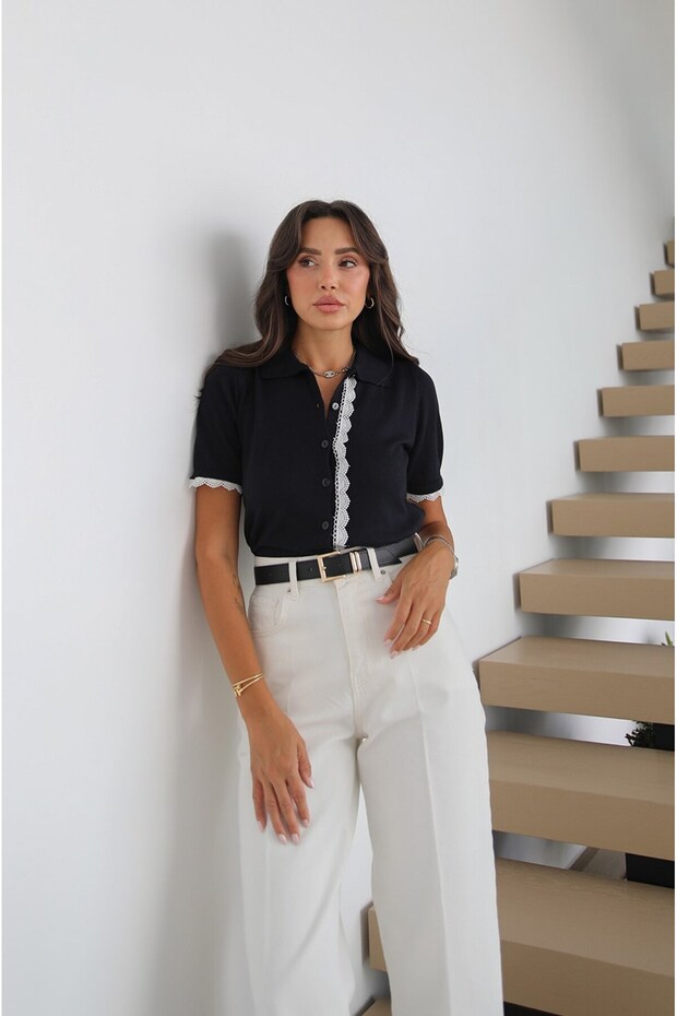 Navy Blue Lace Detailed Polo Collar Knitwear Cardigan