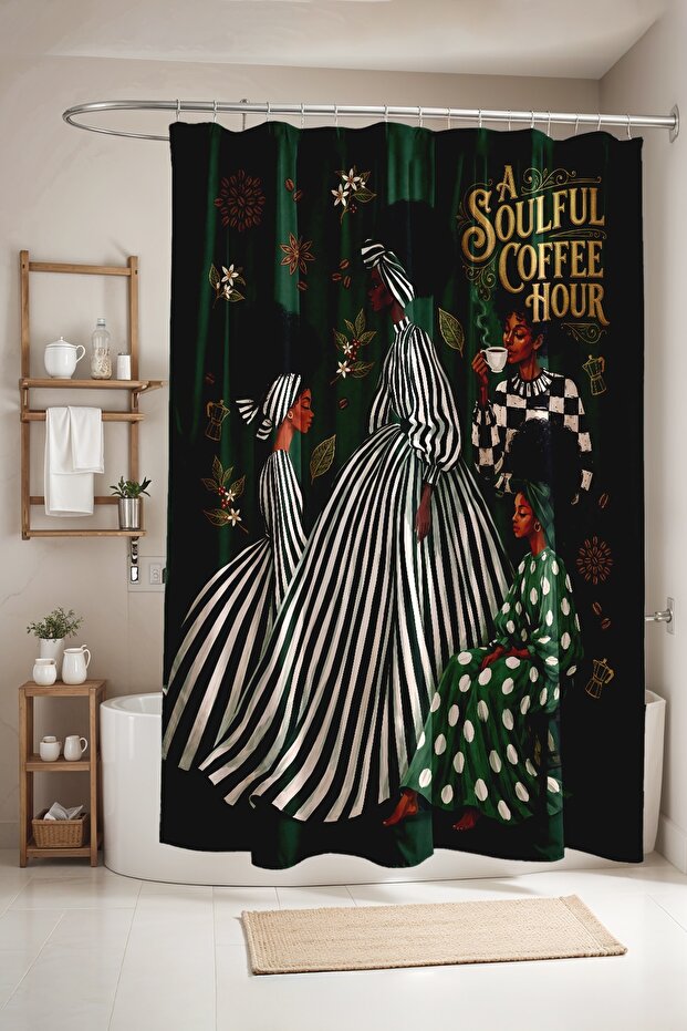 Green Ground Coffee Girl Patterned Shower Curtain, Bathtub Curtain 175X200Cm
