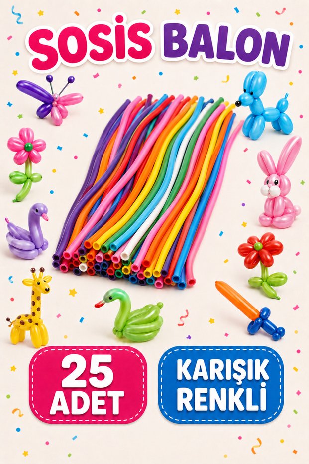 Mixed Color Sausage Balloons 25 Pieces – Shapeable Long Thin Party and Game Balloons