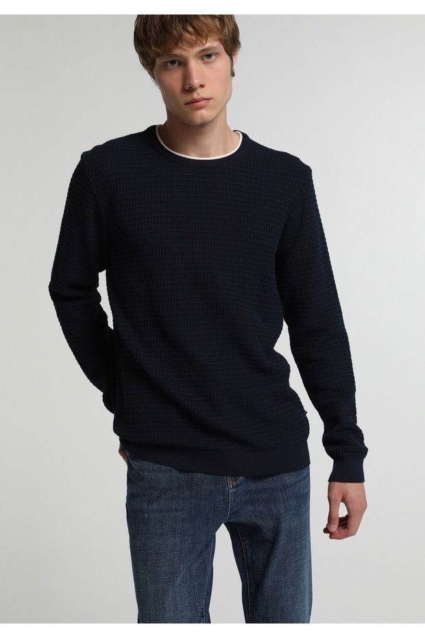 Regular Fit Round Neck Jacquard Men's Navy Blue Sweater