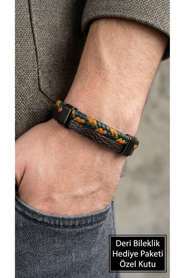 Corvenza Ember Black Leather Men's Bracelet - Orange Green Weave Detail