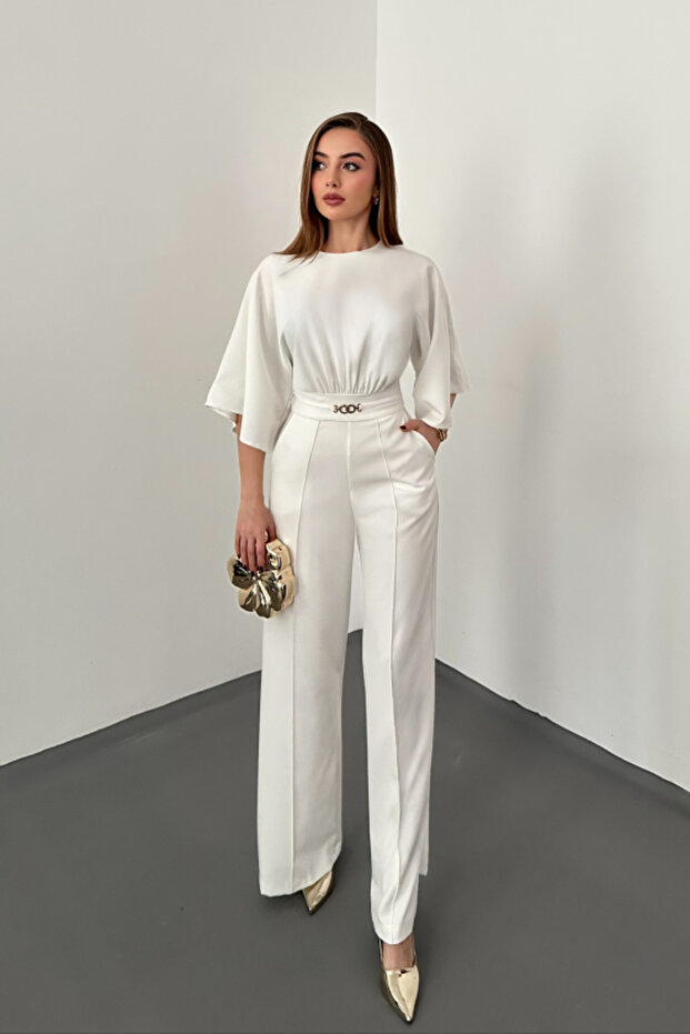 White Bat Sleeve Jumpsuit with Drawstring Waist Belt and Accessories