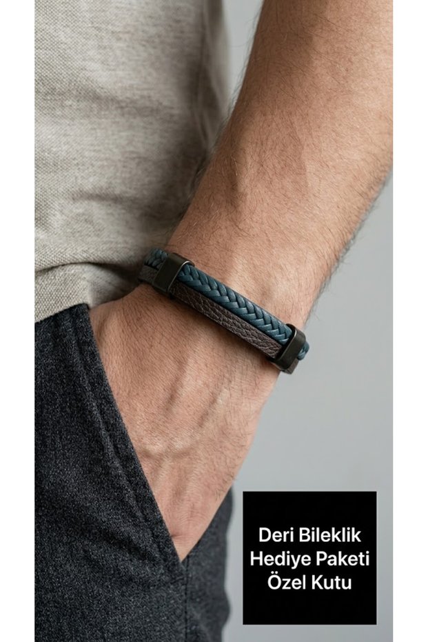 Merovant Tide Black Leather Men's Bracelet - Petrol Blue Braided Metal Detail