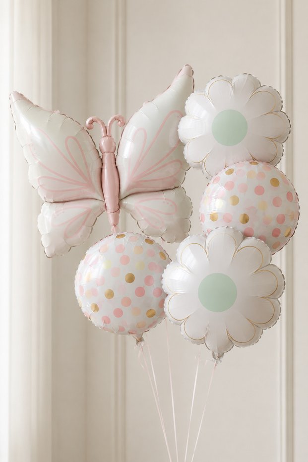Cream Pink Butterfly Daisy Foil Balloon Set Pastel Girl's Birthday Party Decoration Set of 5