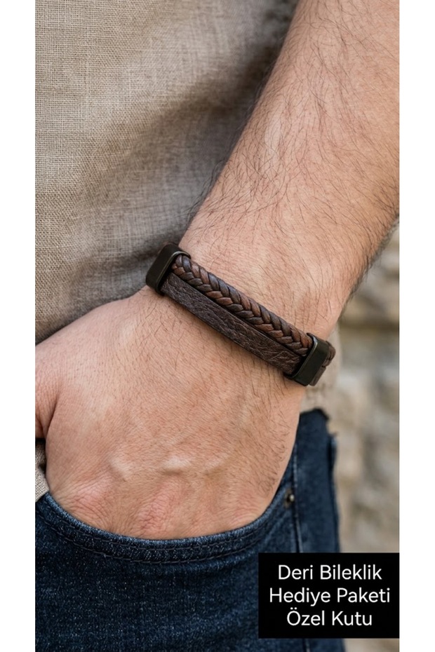 Bervano Chestnut Brown Leather Men's Bracelet - Modern Model with Braided and Plain Strips
