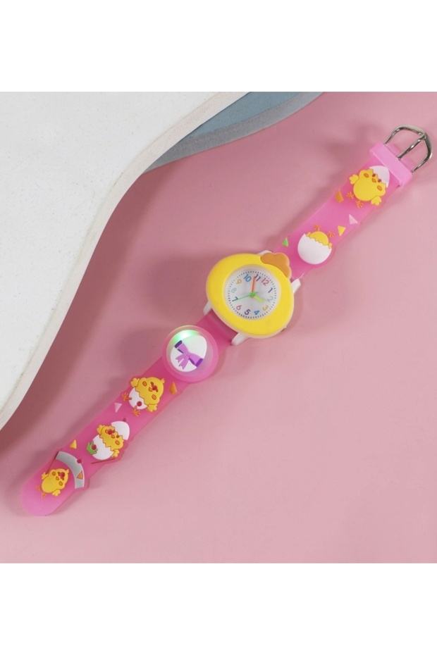 Children's Wristwatch with Pink Chick Hatching from the Egg Figure, Colorful Lights, and Soft Silicone Strap (Without Box)