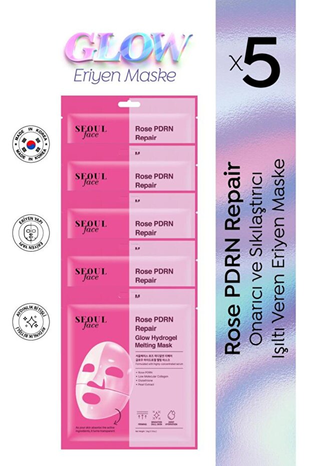 Seoul Face Rose Pdrn Repair Glow Radiant Melting Korean Mask Hydrogel Mask 34 Gr 5 Pieces