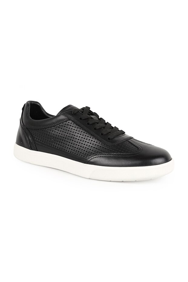 Men's Sneaker Black 100% Genuine Leather Laser Hole Detailed Lace-Up White Rubber Sole Casual Shoes